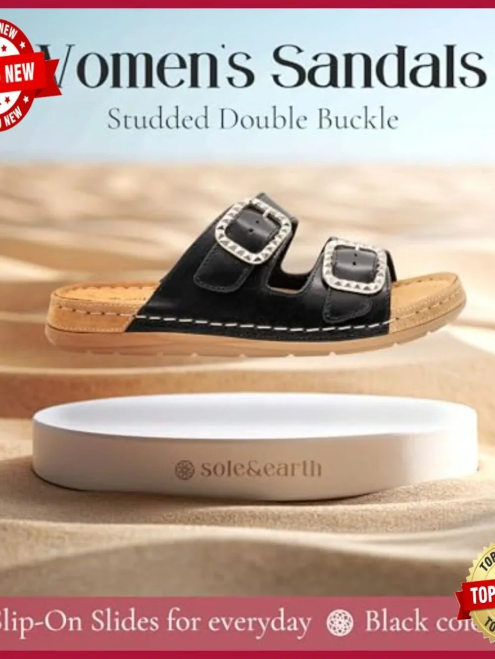 Leather Studded Double-Buckle Slide Sandals, Women's US 6-10, Full-Grain
